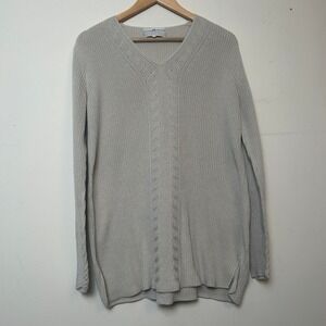 Peruvian Connection V-Neck Sweater Pima Cotton Cable Knit Beige Large